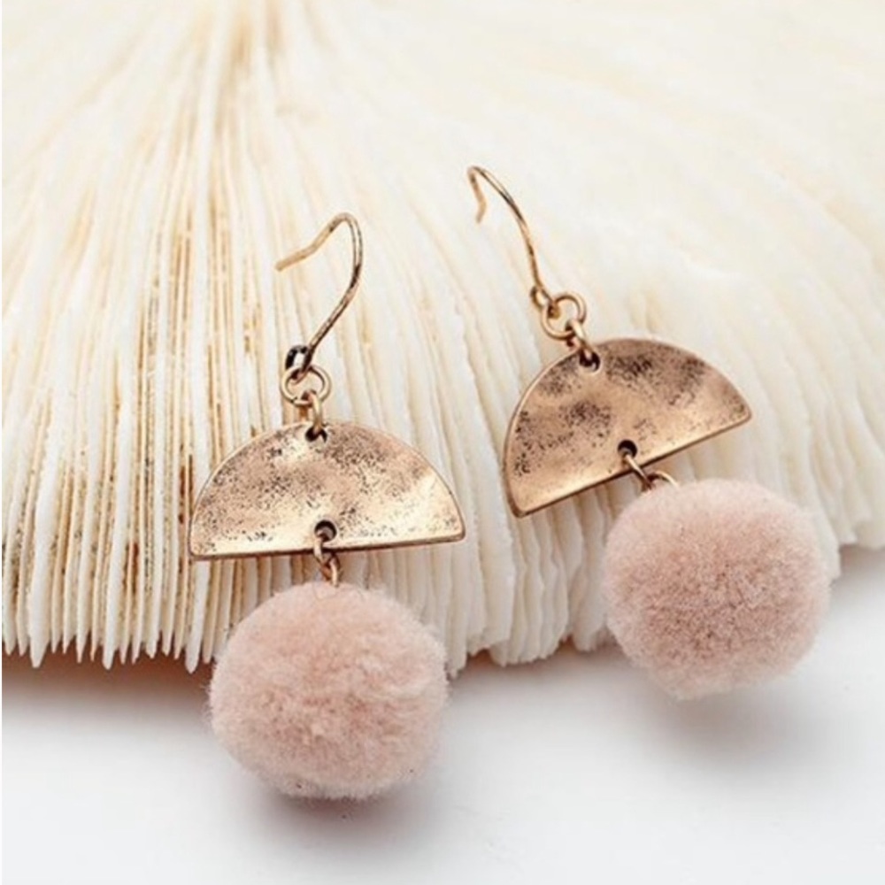 Crescent Earrings Half Moon Pom Poms Dangles Earrings Wires Hanging Taupe